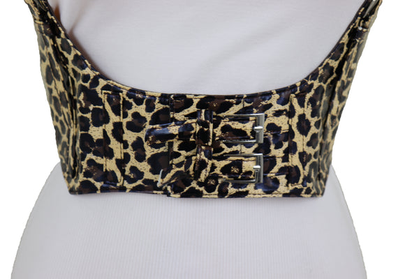 Brand New Women Brown Stretch Leopard High Waist Corset Shoulder Strap Fashion Belt Size M