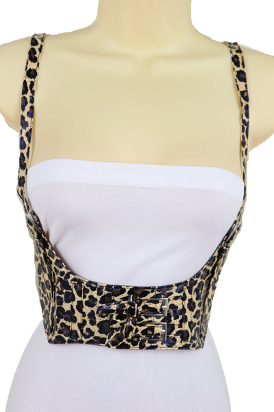 Brand New Women Brown Stretch Leopard High Waist Corset Shoulder Strap Fashion Belt Size M