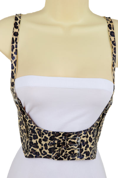 Brand New Women Brown Stretch Leopard High Waist Corset Shoulder Strap Fashion Belt Size M
