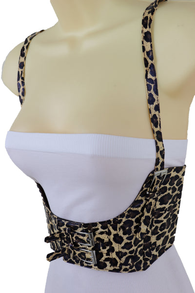 Brand New Women Brown Stretch Leopard High Waist Corset Shoulder Strap Fashion Belt Size M