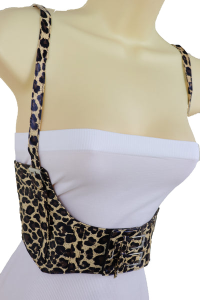 Brand New Women Brown Stretch Leopard High Waist Corset Shoulder Strap Fashion Belt Size M