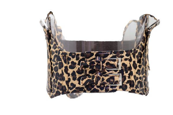 Brand New Women Brown Stretch Leopard High Waist Corset Shoulder Strap Fashion Belt Size M