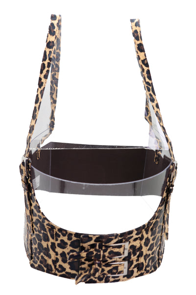 Brand New Women Brown Stretch Leopard High Waist Corset Shoulder Strap Fashion Belt Size M