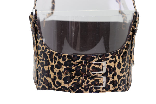 Brand New Women Brown Stretch Leopard High Waist Corset Shoulder Strap Fashion Belt Size M