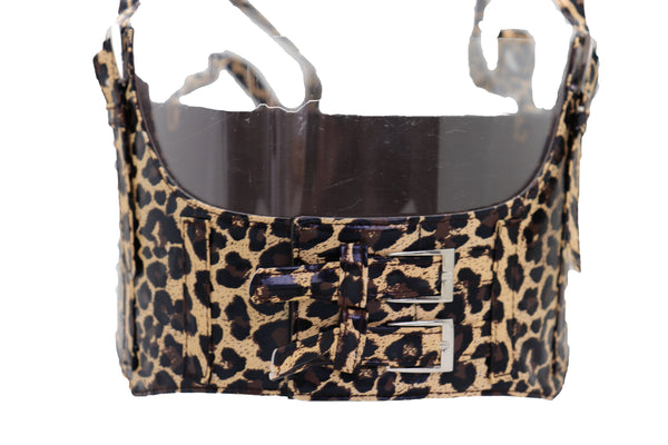 Brand New Women Brown Stretch Leopard High Waist Corset Shoulder Strap Fashion Belt Size M