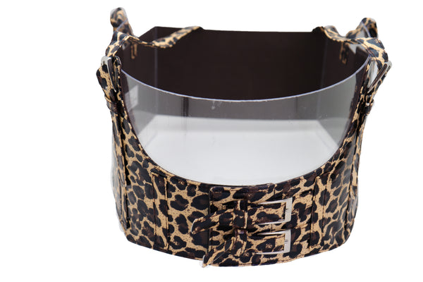 Brand New Women Brown Stretch Leopard High Waist Corset Shoulder Strap Fashion Belt Size M
