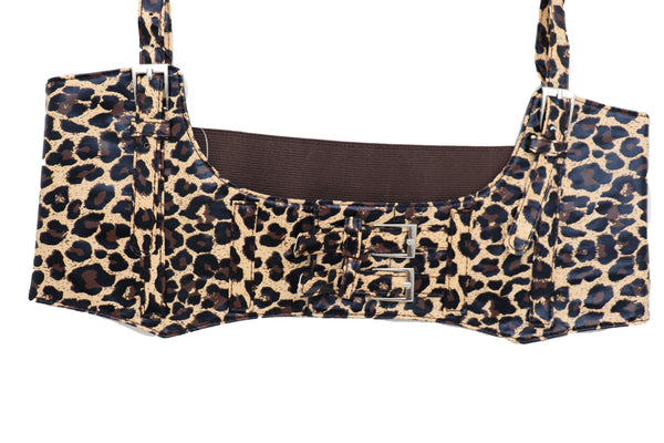 Brand New Women Brown Stretch Leopard High Waist Corset Shoulder Strap Fashion Belt Size M