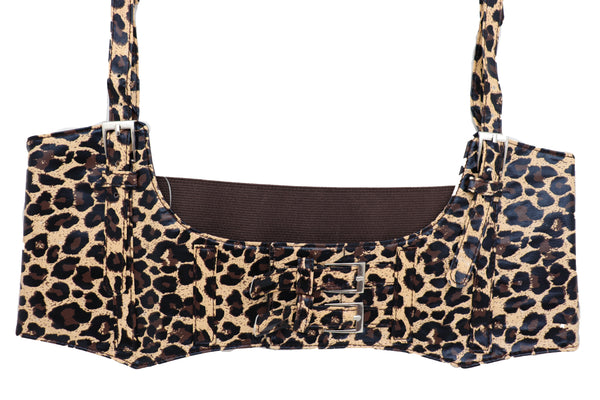 Brand New Women Brown Stretch Leopard High Waist Corset Shoulder Strap Fashion Belt Size M