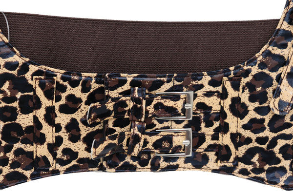 Brand New Women Brown Stretch Leopard High Waist Corset Shoulder Strap Fashion Belt Size M