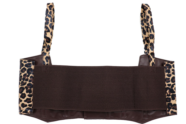 Brand New Women Brown Stretch Leopard High Waist Corset Shoulder Strap Fashion Belt Size M