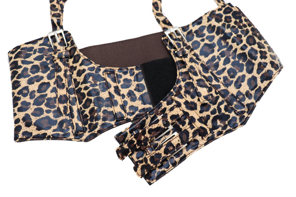 Brand New Women Brown Stretch Leopard High Waist Corset Shoulder Strap Fashion Belt Size M