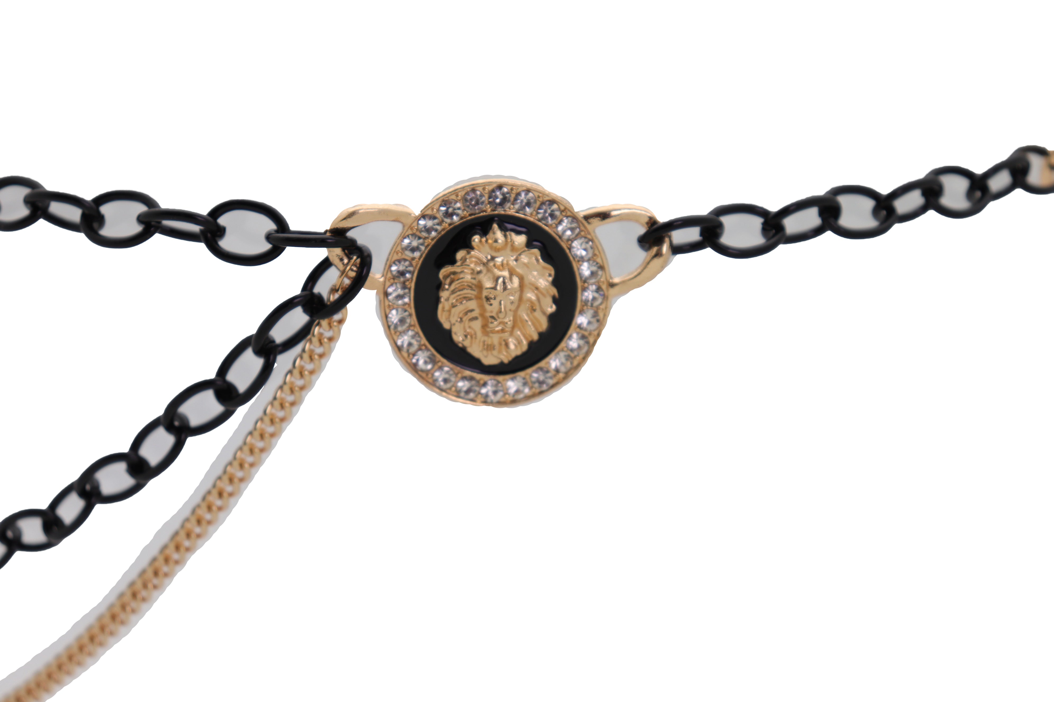 Black Gold Side Multi Wave Chain Belt with Rhinestone Lion Medallion alwaystyle4you
