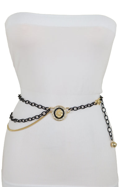 Brand New Women Black Metal Chain Fancy Dressy Look Belt Side Wave Gold Lion Charm XS S M