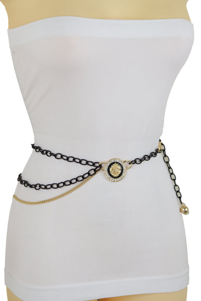 Brand New Women Black Metal Chain Fancy Dressy Look Belt Side Wave Gold Lion Charm XS S M
