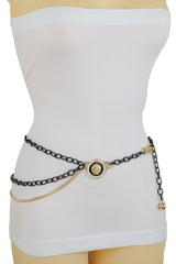 Black & Gold Side Multi Wave Chain Belt with Rhinestone Lion Medallion