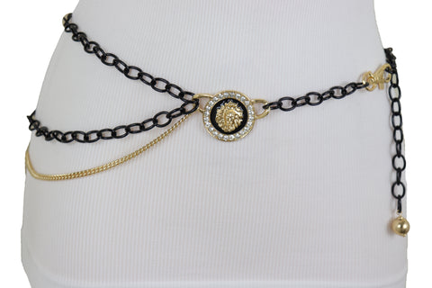 Brand New Women Black Metal Chain Fancy Dressy Look Belt Side Wave Gold Lion Charm XS S M