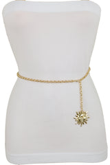 Gold Metal Chain Narrow Waistband Fashion Belt Sun Charm Plus Size XL XXL