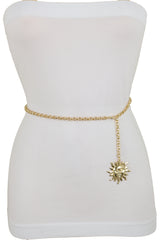 Gold Metal Chain Links Skinny Waistband Fashion Belt Sun Charm Size XS S M