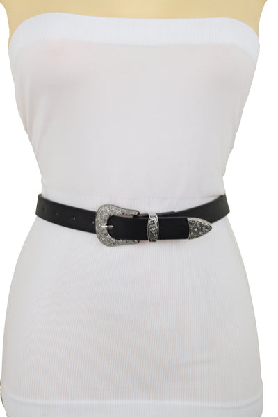 Brand New Women Waist Hip Skinny Black Faux Leather Western Belt Silver Buckle Size M L