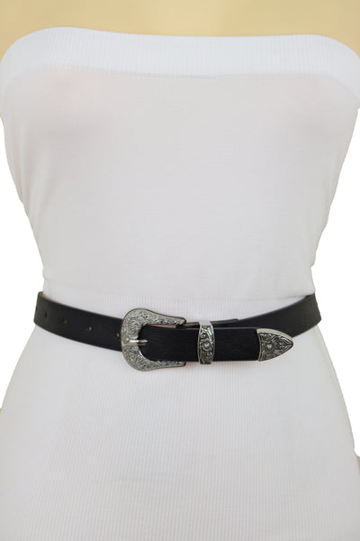 Brand New Women Waist Hip Skinny Black Faux Leather Western Belt Silver Buckle Size M L