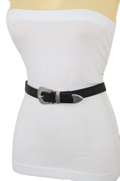 Brand New Women Waist Hip Skinny Black Faux Leather Western Belt Silver Buckle Size M L