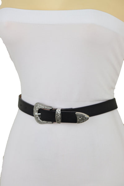 Brand New Women Waist Hip Skinny Black Faux Leather Western Belt Silver Buckle Size M L
