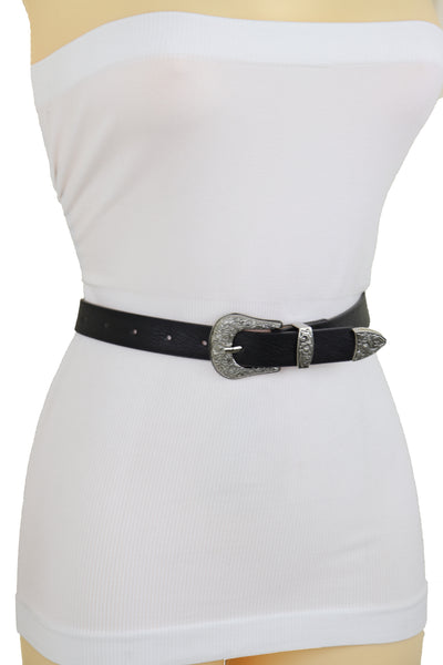 Brand New Women Waist Hip Skinny Black Faux Leather Western Belt Silver Buckle Size M L