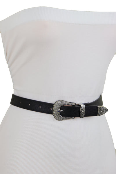 Brand New Women Waist Hip Skinny Black Faux Leather Western Belt Silver Buckle Size M L