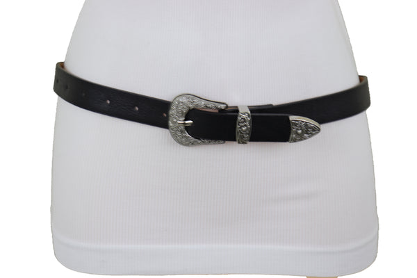 Brand New Women Waist Hip Skinny Black Faux Leather Western Belt Silver Buckle Size M L