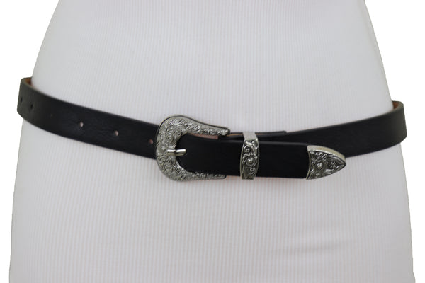 Brand New Women Waist Hip Skinny Black Faux Leather Western Belt Silver Buckle Size M L