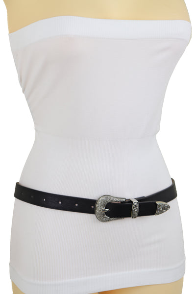 Brand New Women Waist Hip Skinny Black Faux Leather Western Belt Silver Buckle Size M L