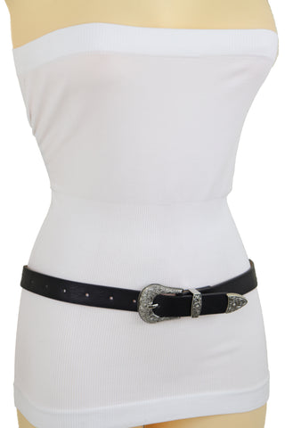 Brand New Women Waist Hip Skinny Black Faux Leather Western Belt Silver Buckle Size M L