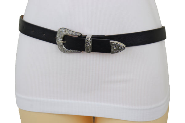 Brand New Women Waist Hip Skinny Black Faux Leather Western Belt Silver Buckle Size M L