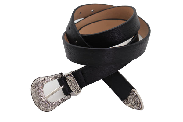 Brand New Women Waist Hip Skinny Black Faux Leather Western Belt Silver Buckle Size M L