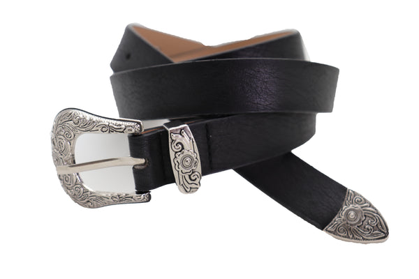 Brand New Women Waist Hip Skinny Black Faux Leather Western Belt Silver Buckle Size M L