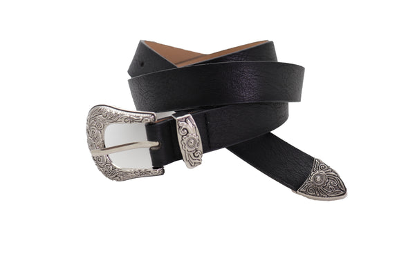 Brand New Women Waist Hip Skinny Black Faux Leather Western Belt Silver Buckle Size M L