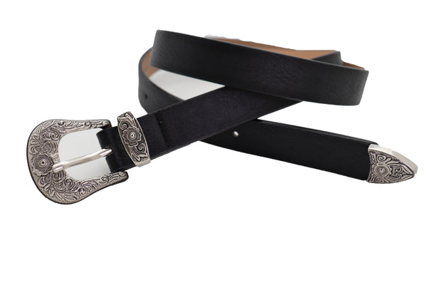 Brand New Women Waist Hip Skinny Black Faux Leather Western Belt Silver Buckle Size M L