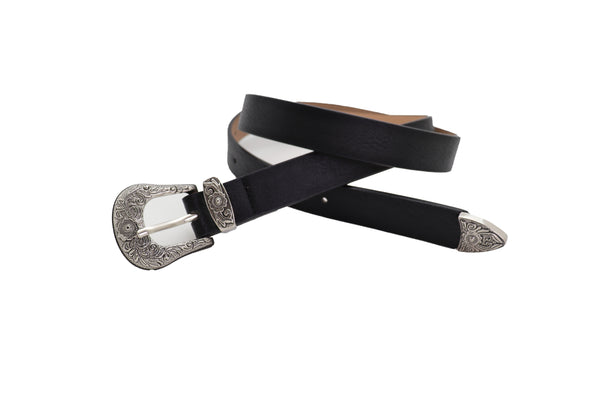 Brand New Women Waist Hip Skinny Black Faux Leather Western Belt Silver Buckle Size M L