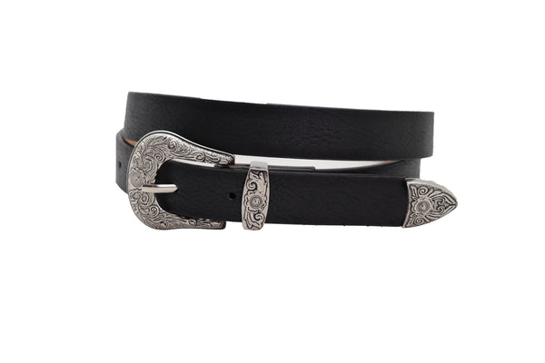 Brand New Women Waist Hip Skinny Black Faux Leather Western Belt Silver Buckle Size M L
