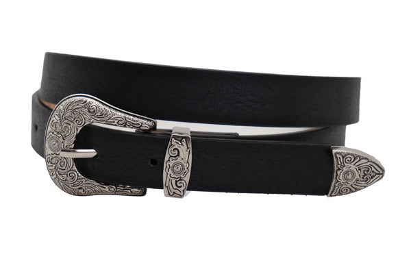 Brand New Women Waist Hip Skinny Black Faux Leather Western Belt Silver Buckle Size M L