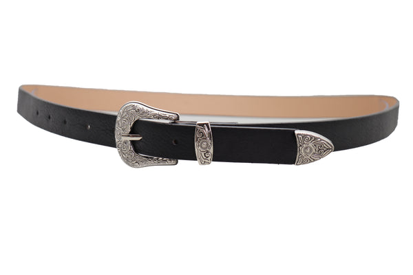 Brand New Women Waist Hip Skinny Black Faux Leather Western Belt Silver Buckle Size M L