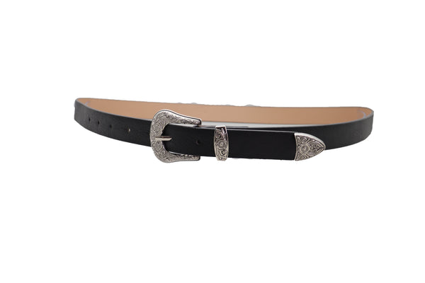 Brand New Women Waist Hip Skinny Black Faux Leather Western Belt Silver Buckle Size M L