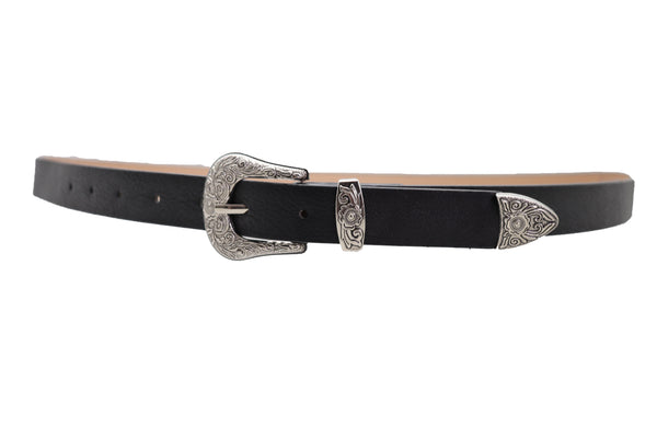 Brand New Women Waist Hip Skinny Black Faux Leather Western Belt Silver Buckle Size M L