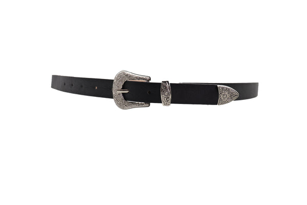 Brand New Women Waist Hip Skinny Black Faux Leather Western Belt Silver Buckle Size M L