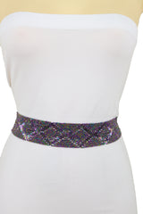 Purple Beads Wrap Around Tie Geometric Fashion Belt Hip Waist Fit Size S M