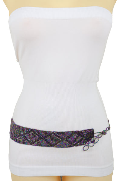 Brand New Women Purple Beads Wrap Around Tie Geometric Fashion Belt Hip Waist Fit Size S M