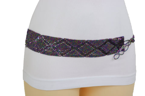 Brand New Women Purple Beads Wrap Around Tie Geometric Fashion Belt Hip Waist Fit Size S M