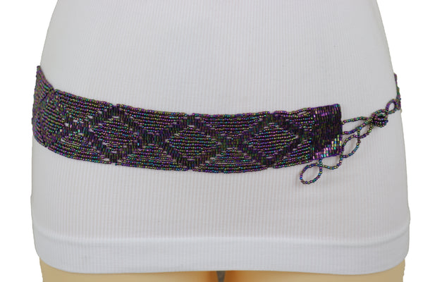 Brand New Women Purple Beads Wrap Around Tie Geometric Fashion Belt Hip Waist Fit Size S M