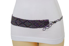 Purple Beads Wrap Around Tie Geometric Fashion Belt Hip Waist Fit Size S M