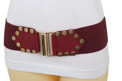 Red Wide Elastic Waistband Fashion Belt Gold Metal Buckle Studs Size S M